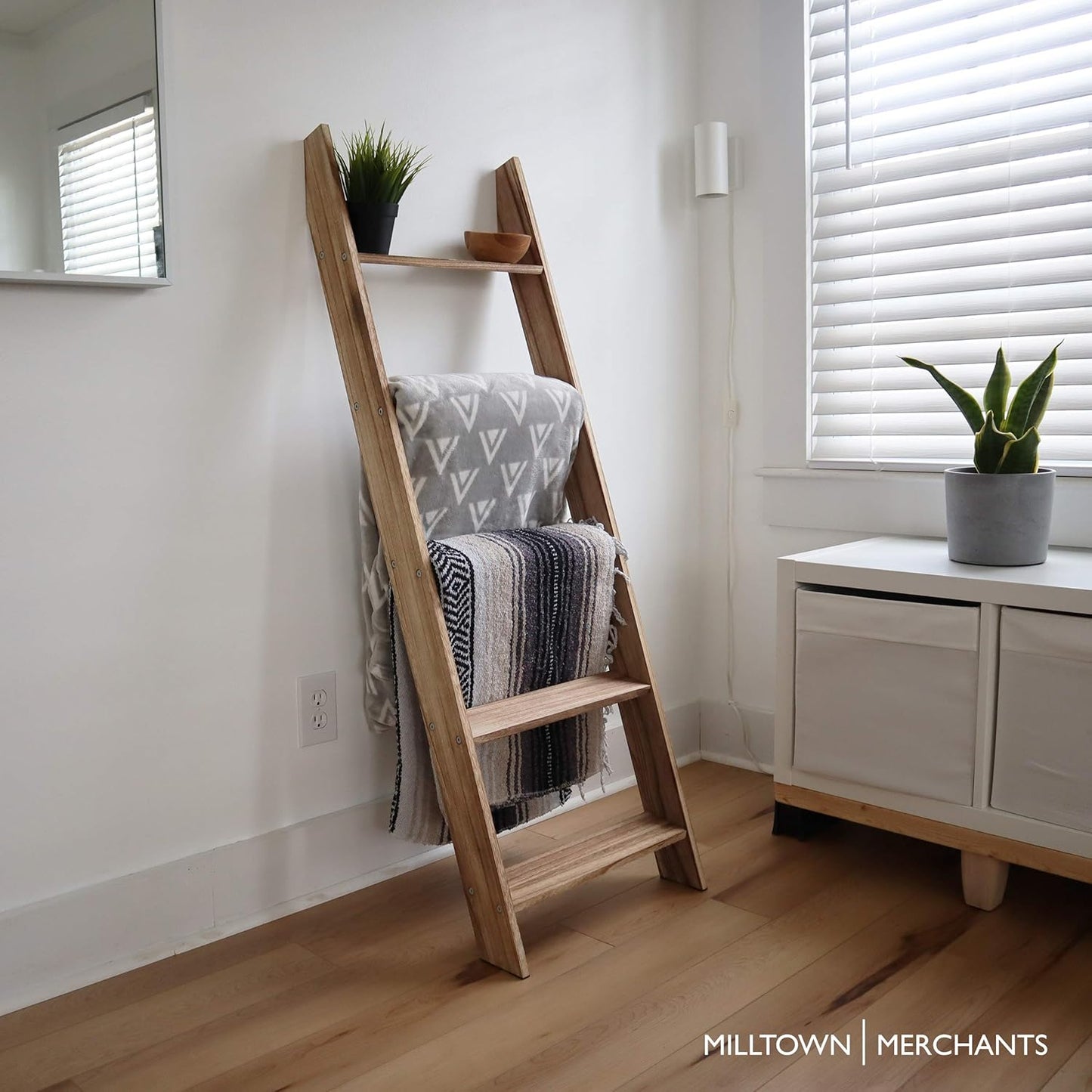 Rustic Blanket Ladder - Leaning Towel Rack for Living Room and Bedroom - Wood Holder for Throws (Driftwood)