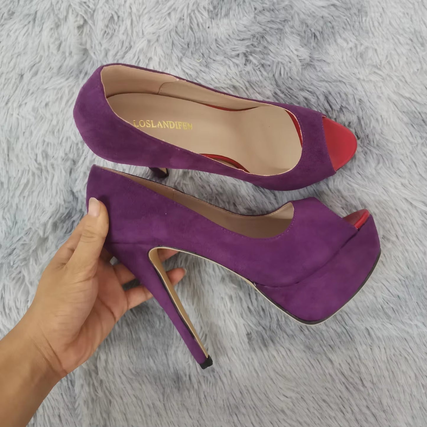 Women Stilettos Sexy High Heels Shoes Peep Toe Velvet Pumps Platform Lady Evening Party Red Wedding Black Office Shoes 817-16VE
