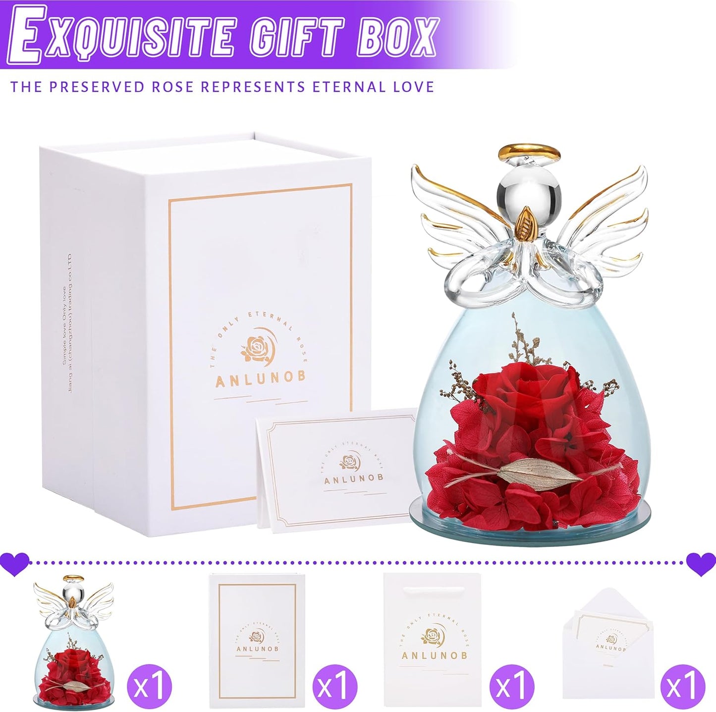 Preserved Rose Birthday Gifts for Women Mom Grandma Wife, Glass Angel Figurines Gifts with Pretty Red Flowers for Anniversary Wedding