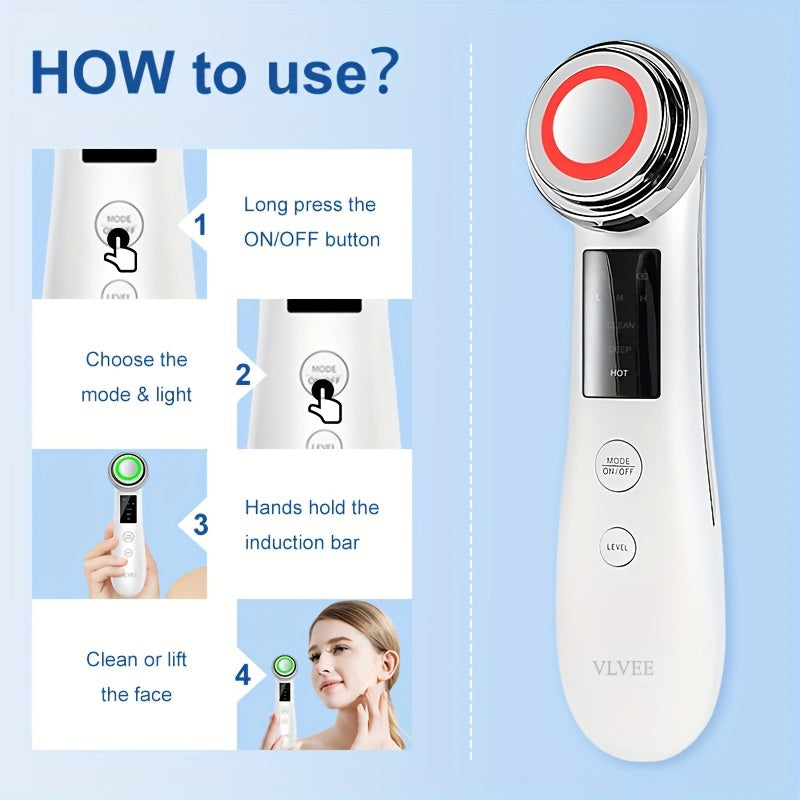 Vlvee Facial Beauty Instrument: Vibrating Massage with Four Color LED Lights - Clean, Deep, Hot, And Eye Care Modes - USB Charged, No Fragrance