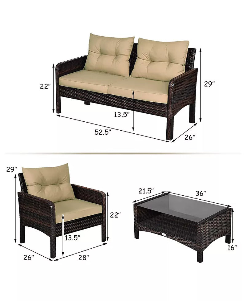 4PCS Patio Rattan Furniture Set Loveseat Sofa Coffee Table Garden