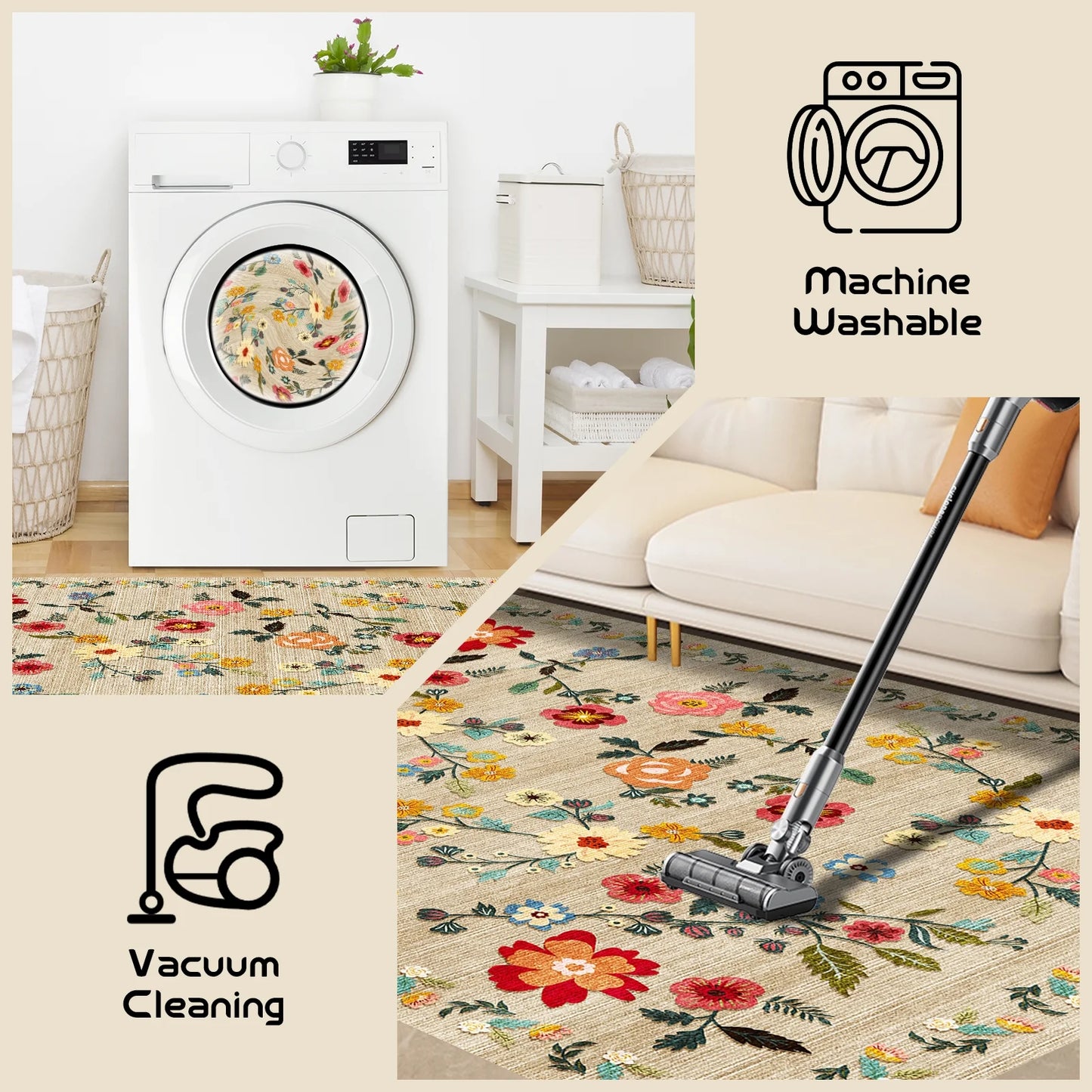 2'X3' Floral Area Rugs, Machine Washable Rug for Living Room- Soft Indoor Carpet, Low Pile for Bedroom, Dining Room, Playroom, Office