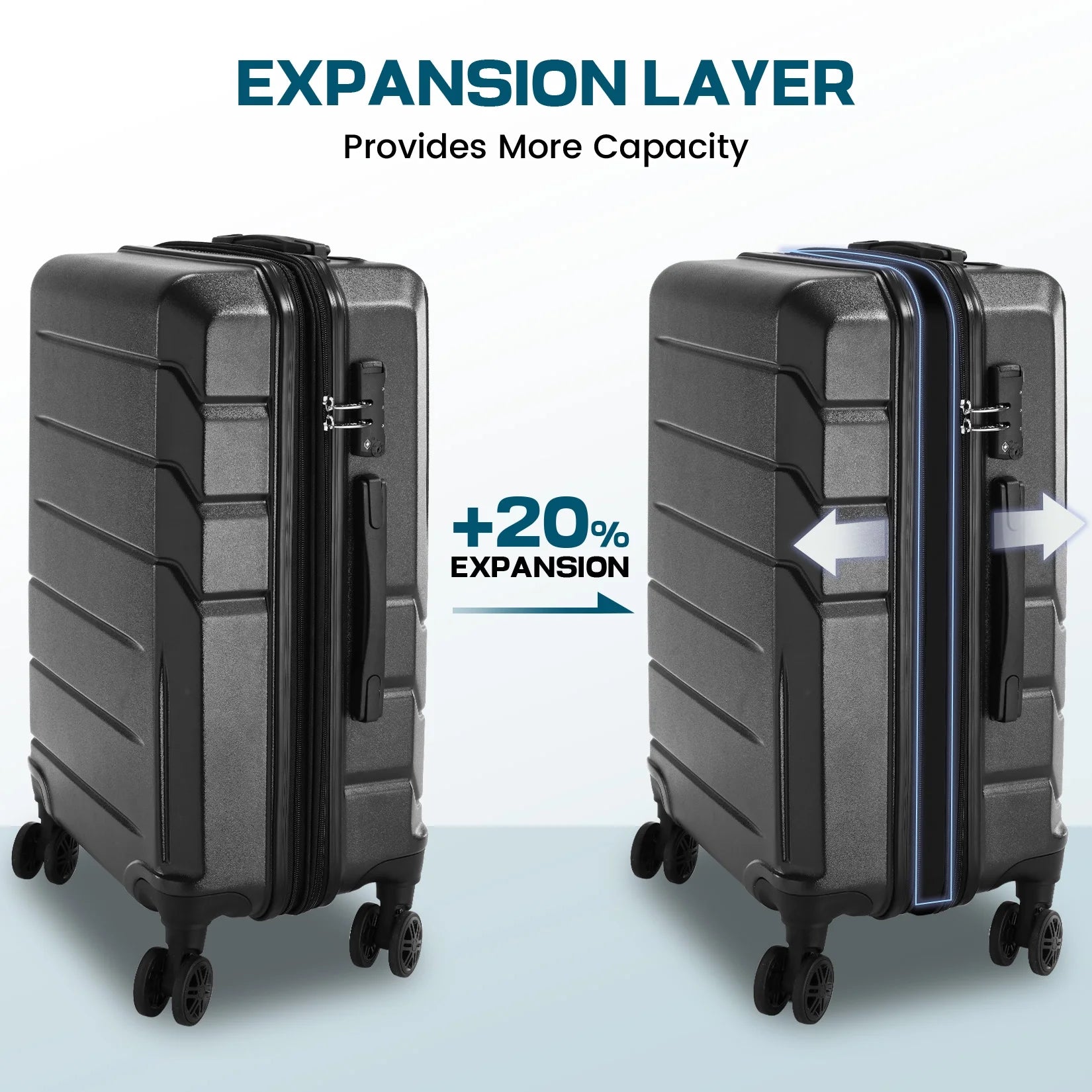 5 Piece Luggage Set Expandable ABS+PC Hardshell Carry on Suitcase with Spinner Wheels & TSA Lock for Men and Women, Rolling Suit Case for Plane, Travel, Business, Black (20/24/28/DB/TB)