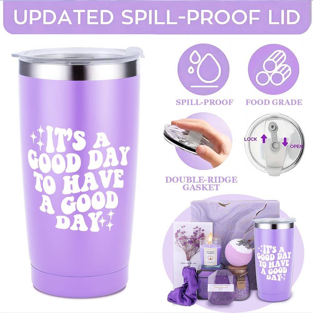 Lavender Bliss 8pcs Gift Set: Insulated Tumbler, Greeting Card, Hair Tie, Scented Candle, Bath Salts, Bath Bomb, Soap Bar - Alcohol-Free for All Skin Types