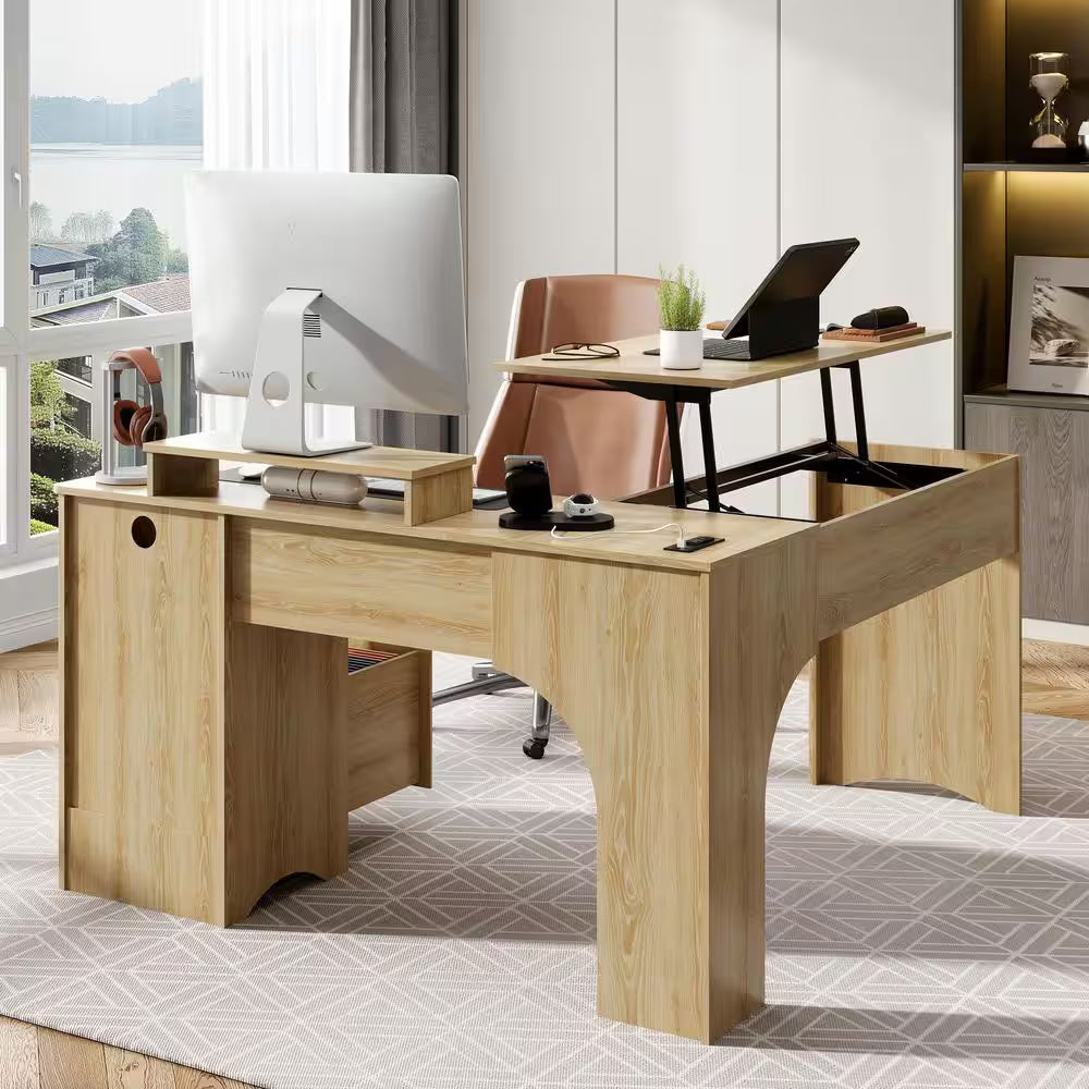 55 In. Natural 2-Storage Drawers L-Shaped Computer Desk with Power Outlets, Lift-Top and Monitor Stand