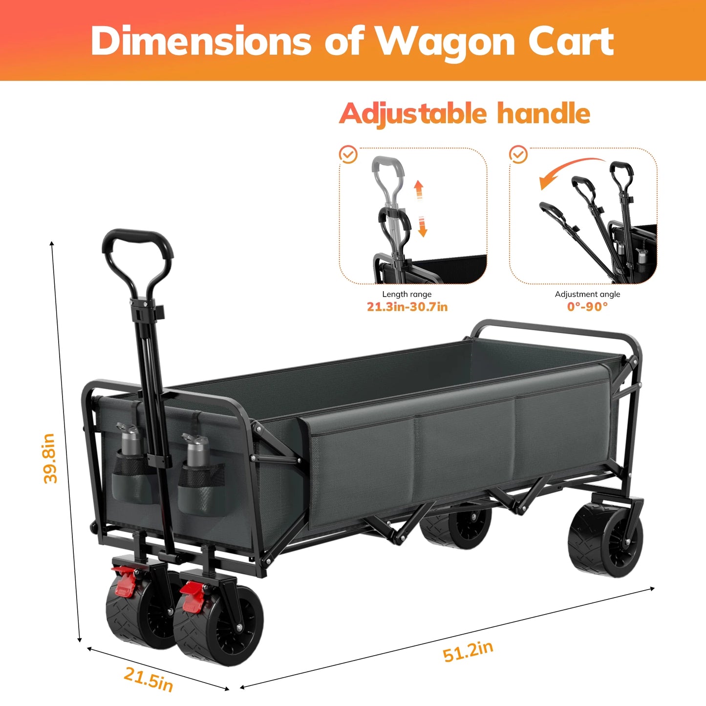 51.2" Large Collapsible Folding Wagon Cart, 560 Lbs Load Capacity, Heavy-Duty Steel Frame & Oversized Wheels for Grocery Shopping, Camping, Sports, Moving – Gray