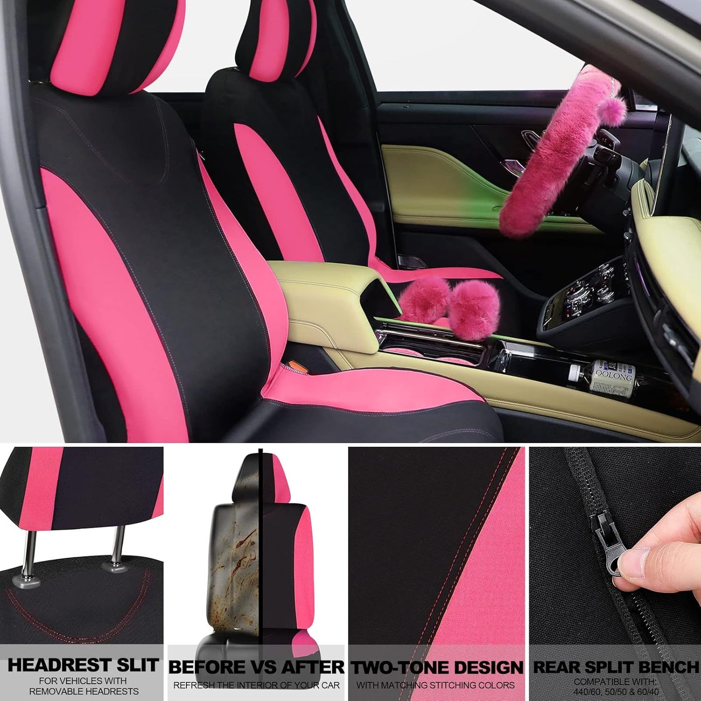 17 Pcs Car Seat Cover Full Set for Women Fluffy Fuzzy Car Accessories Christmas Front Rear Steering Wheel Fleece Handbrake Shift Covers Hanging Accessory Holder Ring Emblem(Pink Black)