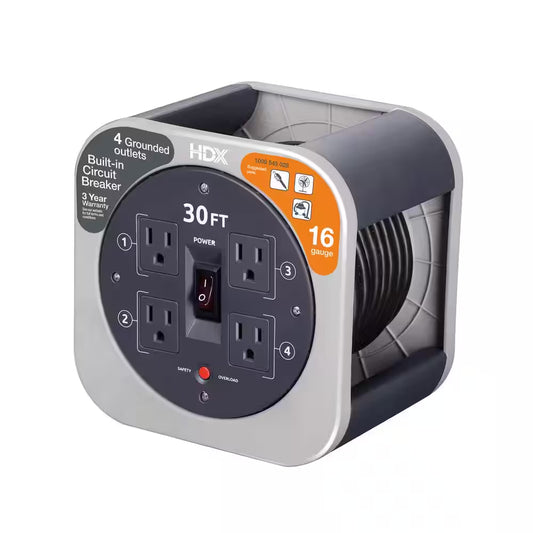 30 Ft. 16/3 Extension Cord Reel with 4 Grounded Outlets and Surge Protector in Gray