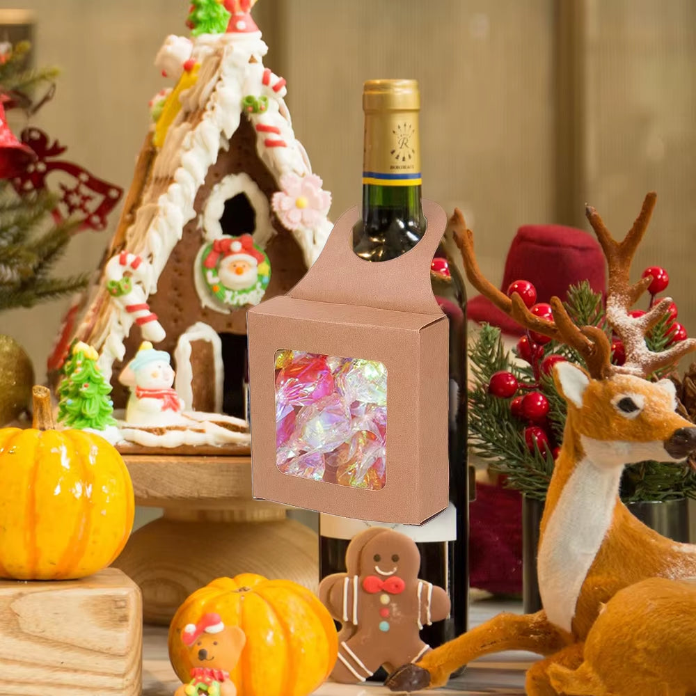 20/10PCS Kraft Paper Wine Bottle Box with Hook Foldable Design Candy Packaging Box Hangable Paper Box Weddings Party Decoration