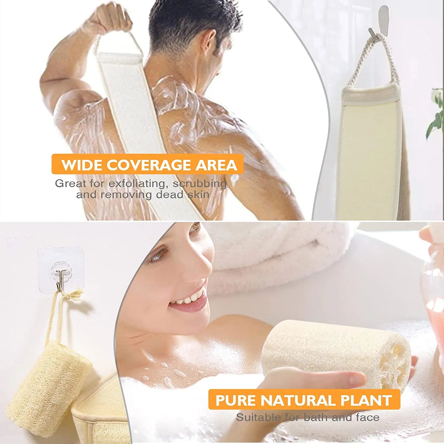 Natural Loofah Exfoliating Back Scrubber for Shower Set, Loofah Back Strap Sponge Shower Brush Long Handle Bath Body Brush, Deep Clean & Invigorate Your Skin, for Men and Women