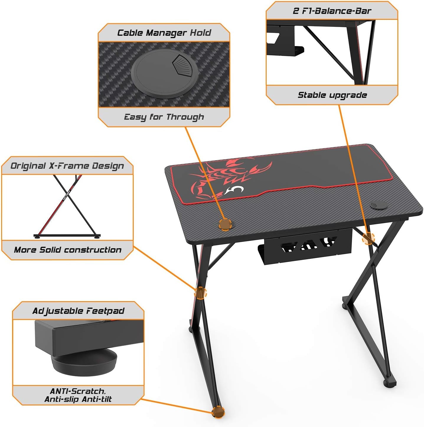 31'' Gaming Desk, X-Shape Computer Desk with Free Mouse Pad, Cup Holder& Headphone Hook & Controller Stand, Gamer Workstation for Home Office, Black