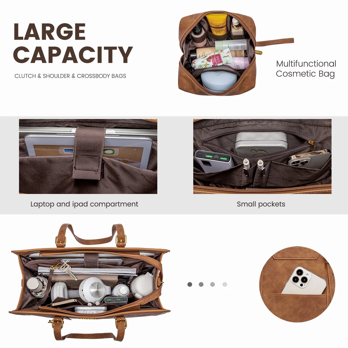 Laptop Bag for Women, Stylish Vintage PU Leather Laptop Work Tote 15.6 In, Elegant Shoulder Bag Designer Bag with Small Clutch Purses