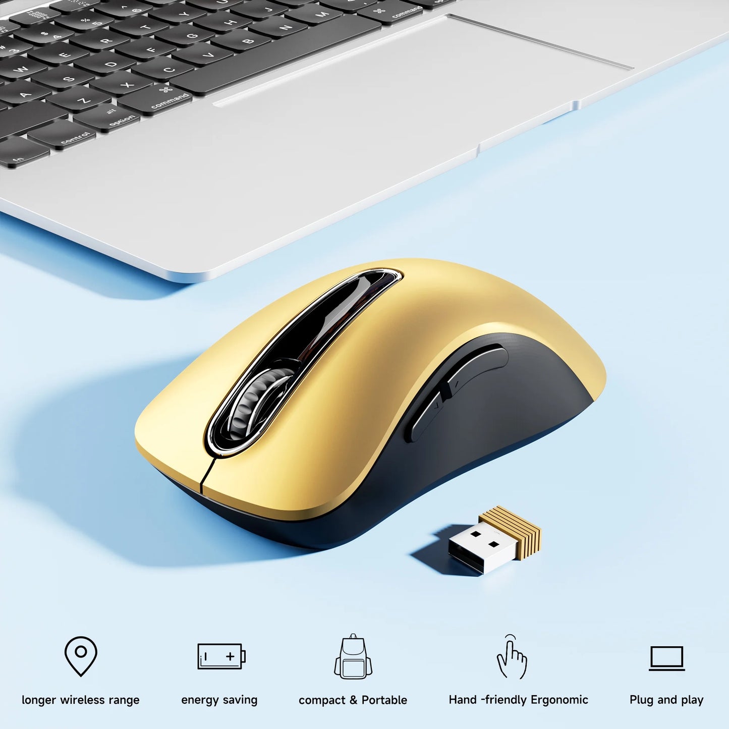 Wireless Mouse, 2.4Ghz with USB Mini Receiver, 1200 DPI Optical Tracking, Ambidextrous for Laptop, PC, Computer, Chromebook, Notebook, 5 Buttons-Bumblebee