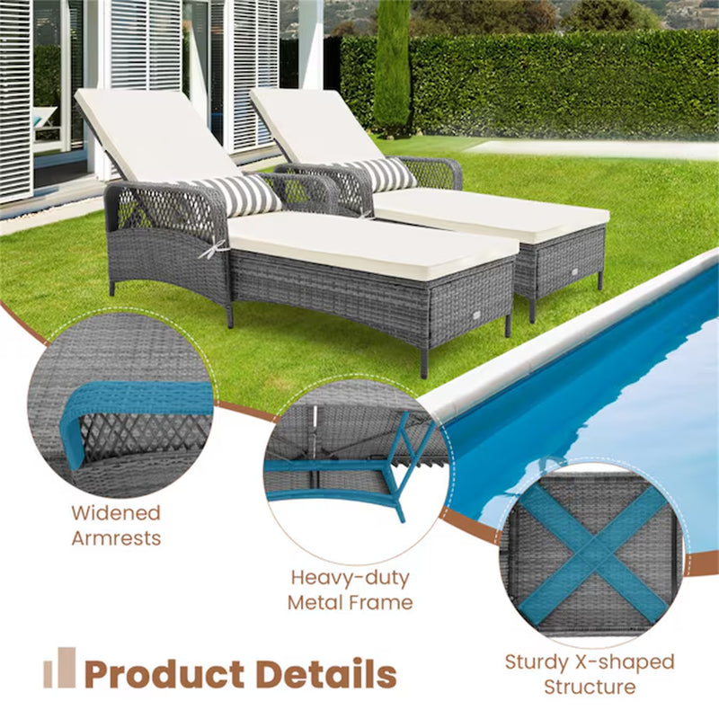 Outdoor Chaise Lounge Chair Recliner Rattan Mix Gray Steel Frame Stationary Chaise Lounge Chair with Off-White Polyester Cushioned Seat