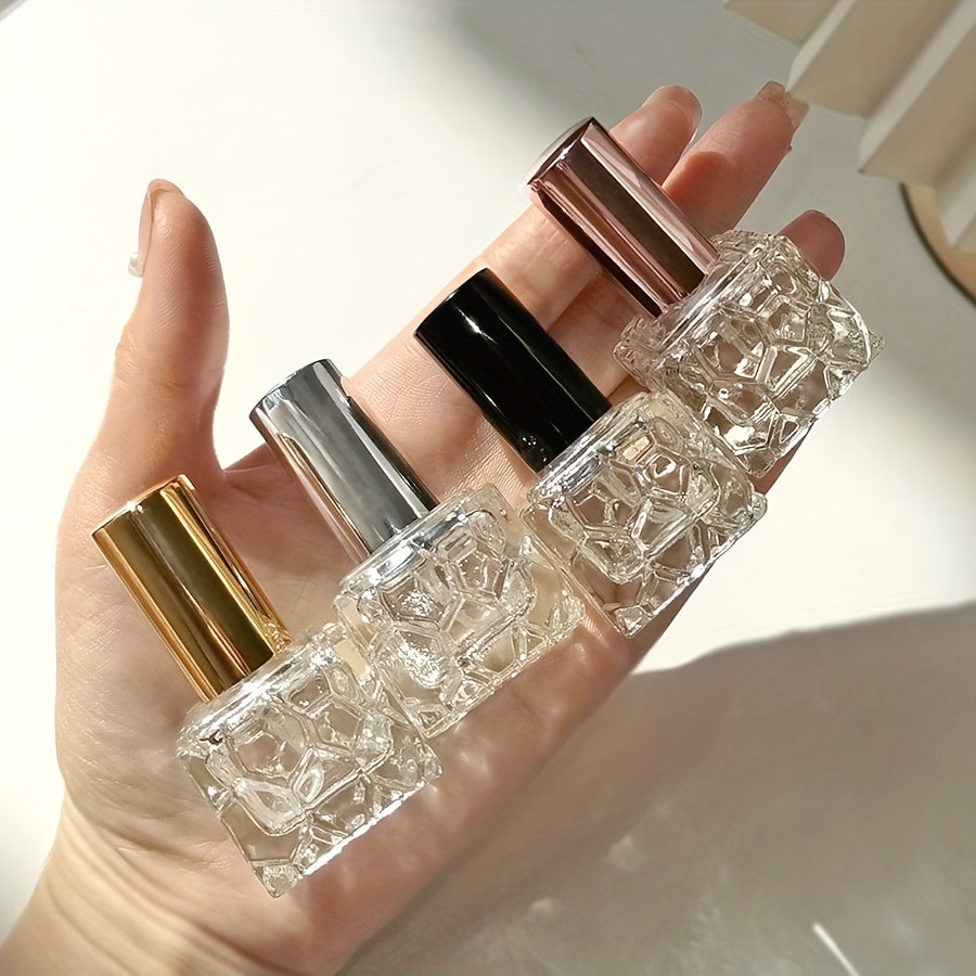 4-Pack 10ml Square Textured Glass Perfume Bottles, Portable Mini Spray Atomizer, Refillable, Travel-Friendly, with Fine Mist Sprayer, Elegant Personal Fragrance Vial, Assorted Metallic Caps