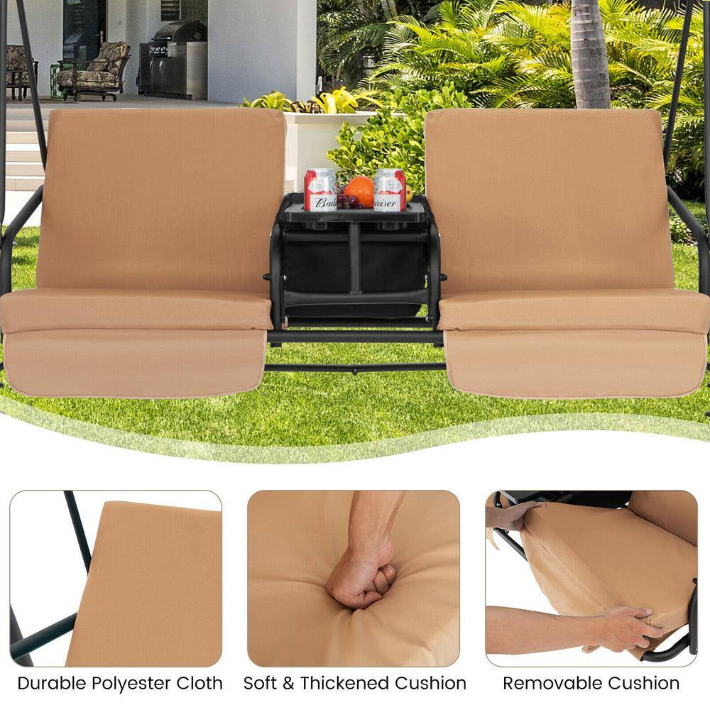 2-Person Metal Patio Swing Chair with Adjustable Canopy, 360° Rotatable Tray, Beige