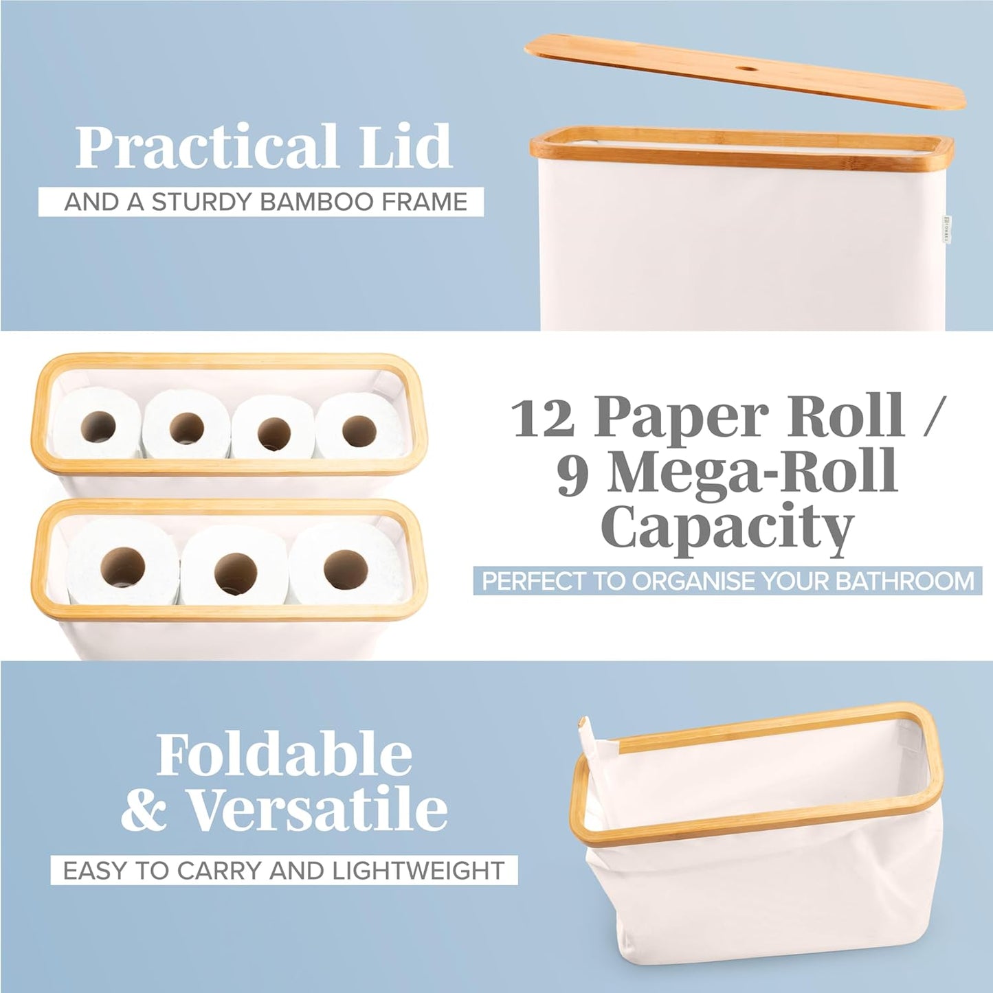 Toilet Paper Storage for 12 Rolls, Stackable & Foldable - the Ultimate Bathroom Organizer - Waterproof Basket with Bamboo Lid - Elegant Toilet Paper Storage Holder, Beige