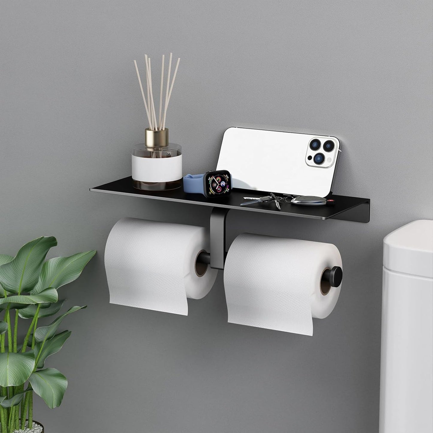 Matte Black Toilet Paper Holder with Shelf, Wall-Mounted Bathroom Organizer, Double Roll