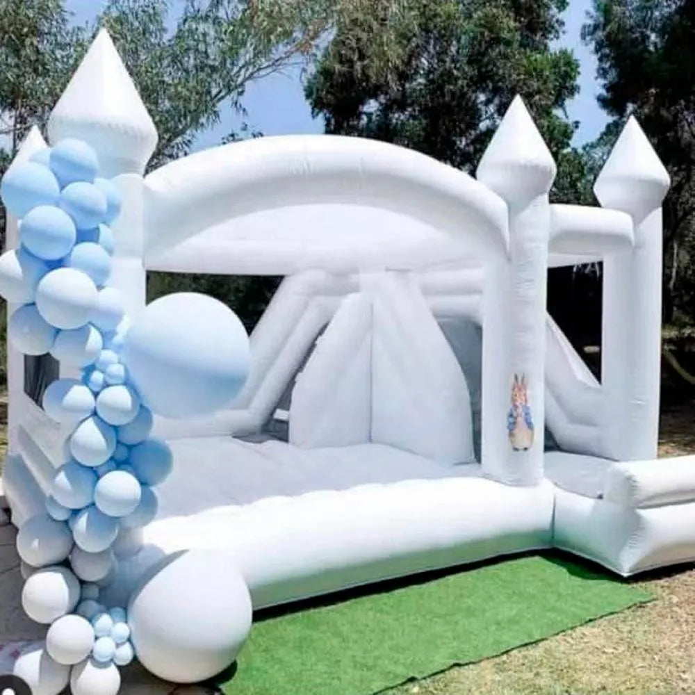 Wholesale Commercial White Wedding Bounce House with Turret Top Inflatable Bouncy Castle Slide Combo Jumping Bouncer for Kids and Adults