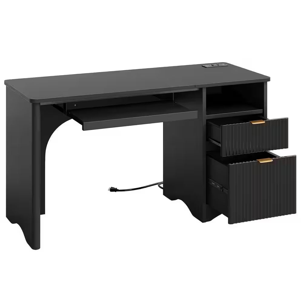 55 In. Black Office Desk with Power Outlets, 2-Storage Drawers and Keyboard Tray