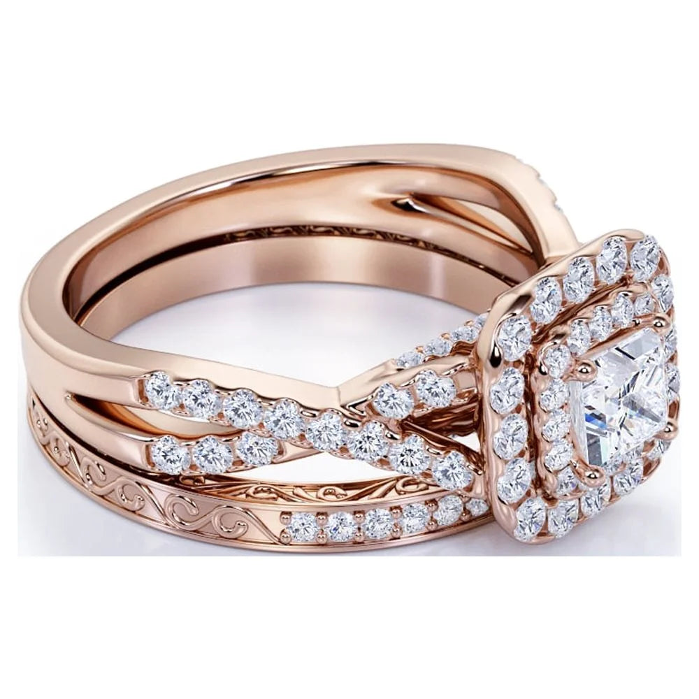1.75 Carat Princess Cut Moissanite Engagement Ring - Bridal Ring - Double Halo Ring - Cluster Ring - 18K Rose Gold over Silver