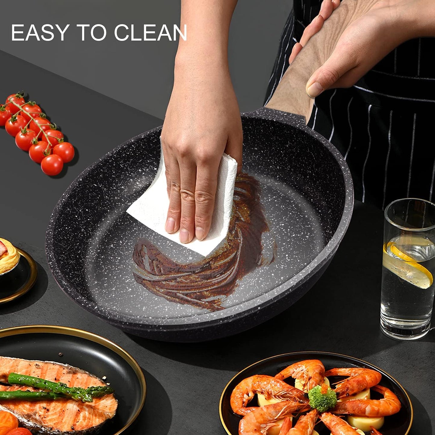 Nonstick Frying Pan Skillet Granite Coating Egg Omelet Pan 8 Inch Nonstick Pan with Woodgrain Handle, Non Stick Cooking Pans for All Stove Tops, PTFE PFOA Free, Induction Compatible
