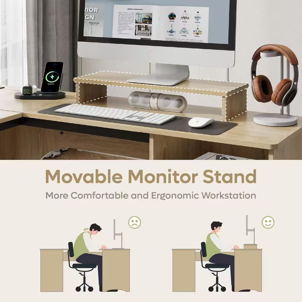 55 In. Natural 2-Storage Drawers L-Shaped Computer Desk with Power Outlets, Lift-Top and Monitor Stand