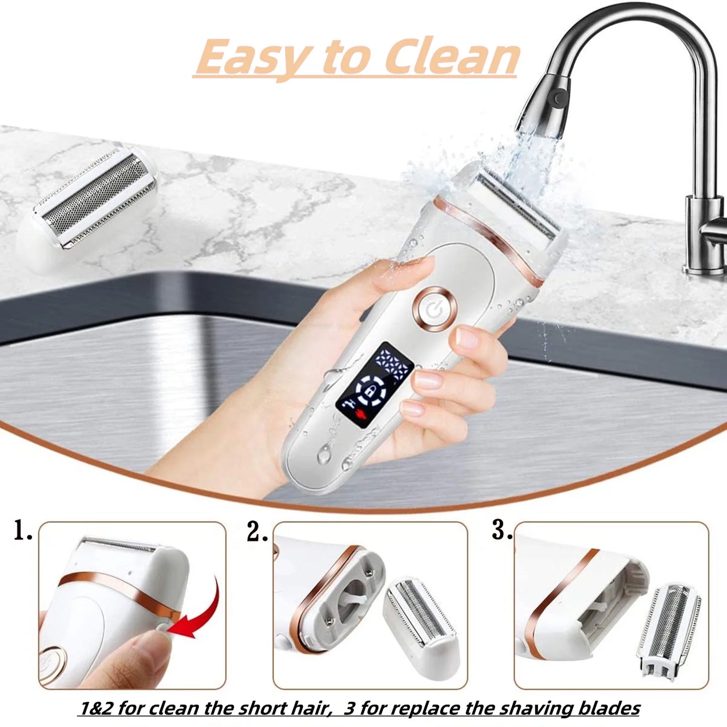 Electric Shaver for Women, Painless Womens Electric Razors 3 in 1 Cordless Lady Shaver, Wet & Dry Rechargeable Bikini Trimmer Body Hair Removal for Legs Arm Armpit - LED Display