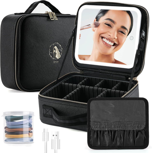 Makeup Bag with LED Mirror, Travel Makeup Case with Lighted Mirror, Portable Makeup Organizer Cosmetic Train Case for Women Adjustable Dividers Beauty Tools Accessories