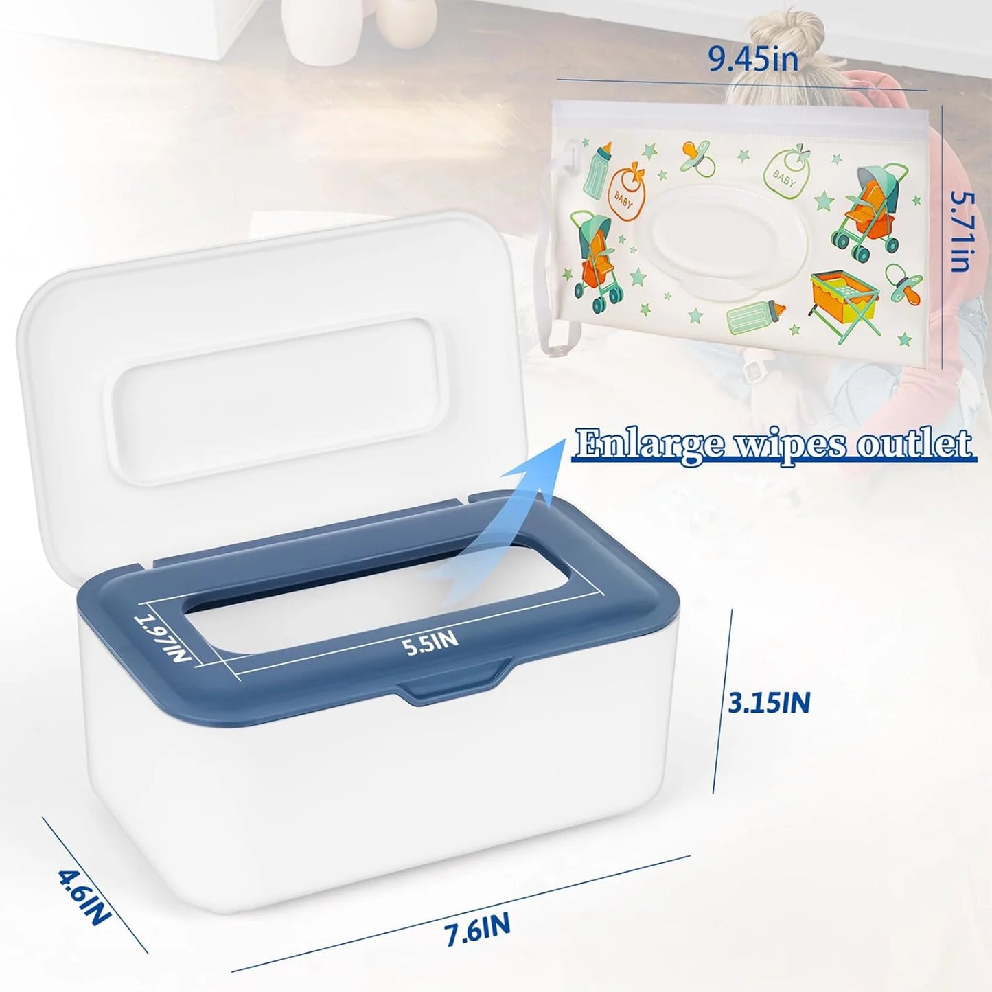 Baby Wipes Dispenser Wipes Holder Wipes Container Case, Flushable Wipes Box with 2Pcs Portable Travel Wipes Pouch, Blue