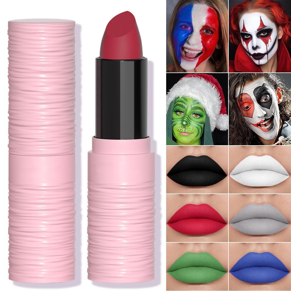 Matte Lipstick Festival White Lip Tint Gloss Face Painting Stick Silky High Pigment Smooth Velvet Waterproof White Black Green Blue Lip Gloss Halloween Daily Stain Lip Make up Cosmetics (LC02)