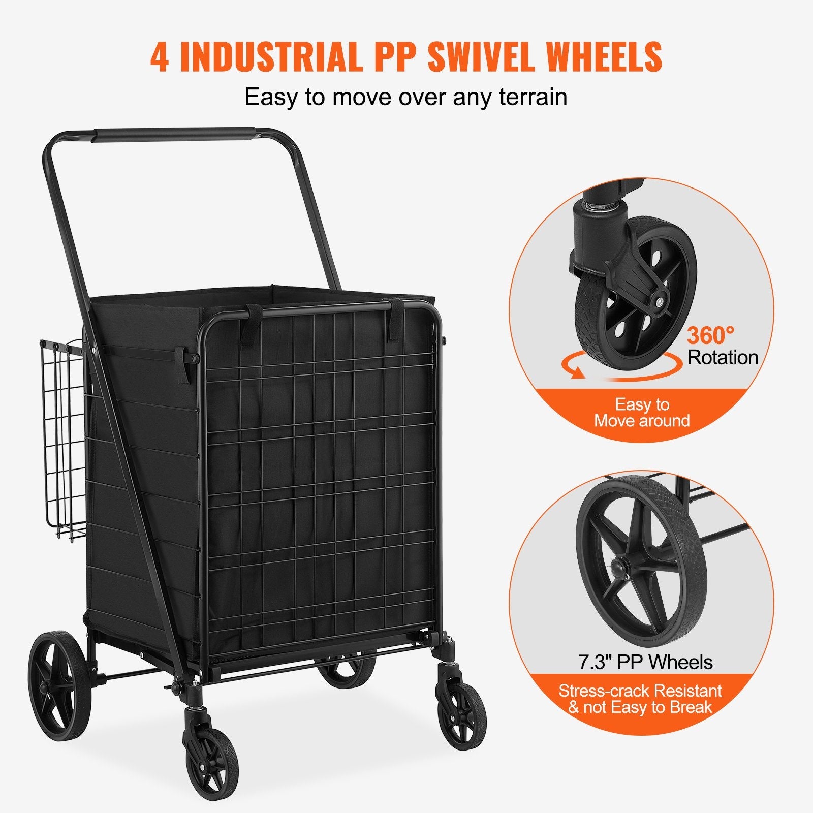 VEVOR Folding Shopping Cart with Removable Waterproof Liner, 330LBS Large Capacity Jumbo Grocery Cart with Dual Basket, 360¡Ã Swivel Wheels, Dense Metal Mesh Base, Heavy Duty Utility Cart for Shopping
