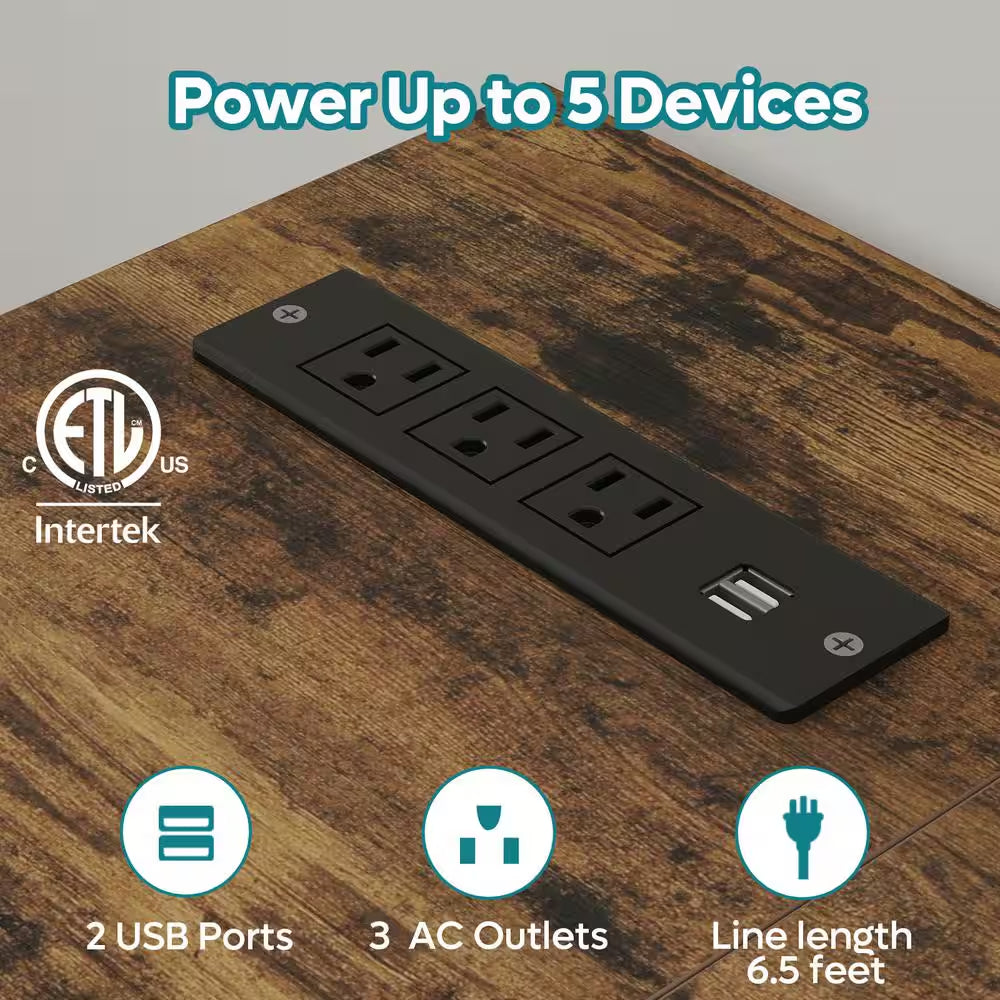 58 In. L-Shaped Rustic Brown LED Gaming Desk with Storage Shelf and Power Outlets