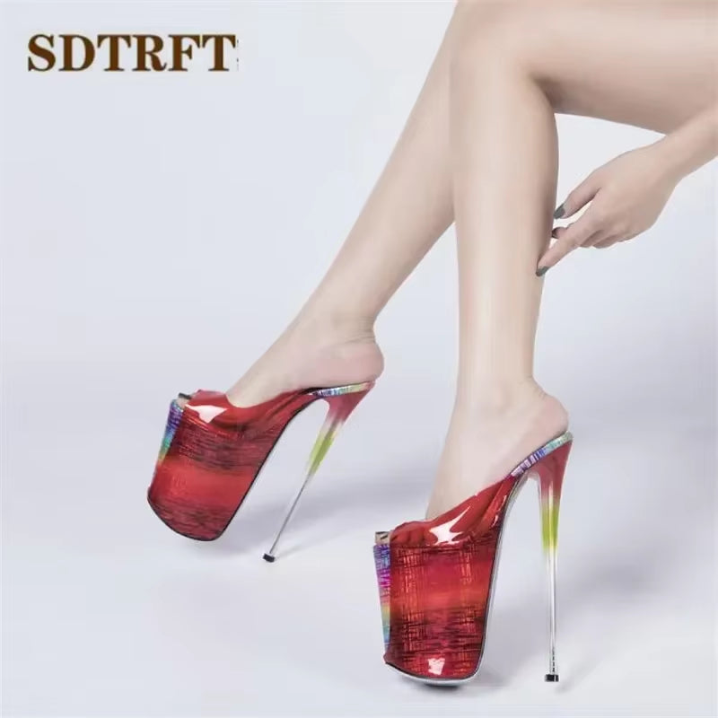 Shoes Woman Shallow Mouth Slipper Peep Toe 22Cm Thin Heels Wedding Pumps Sapato Feminino Transparent Stilettos US14 15 16