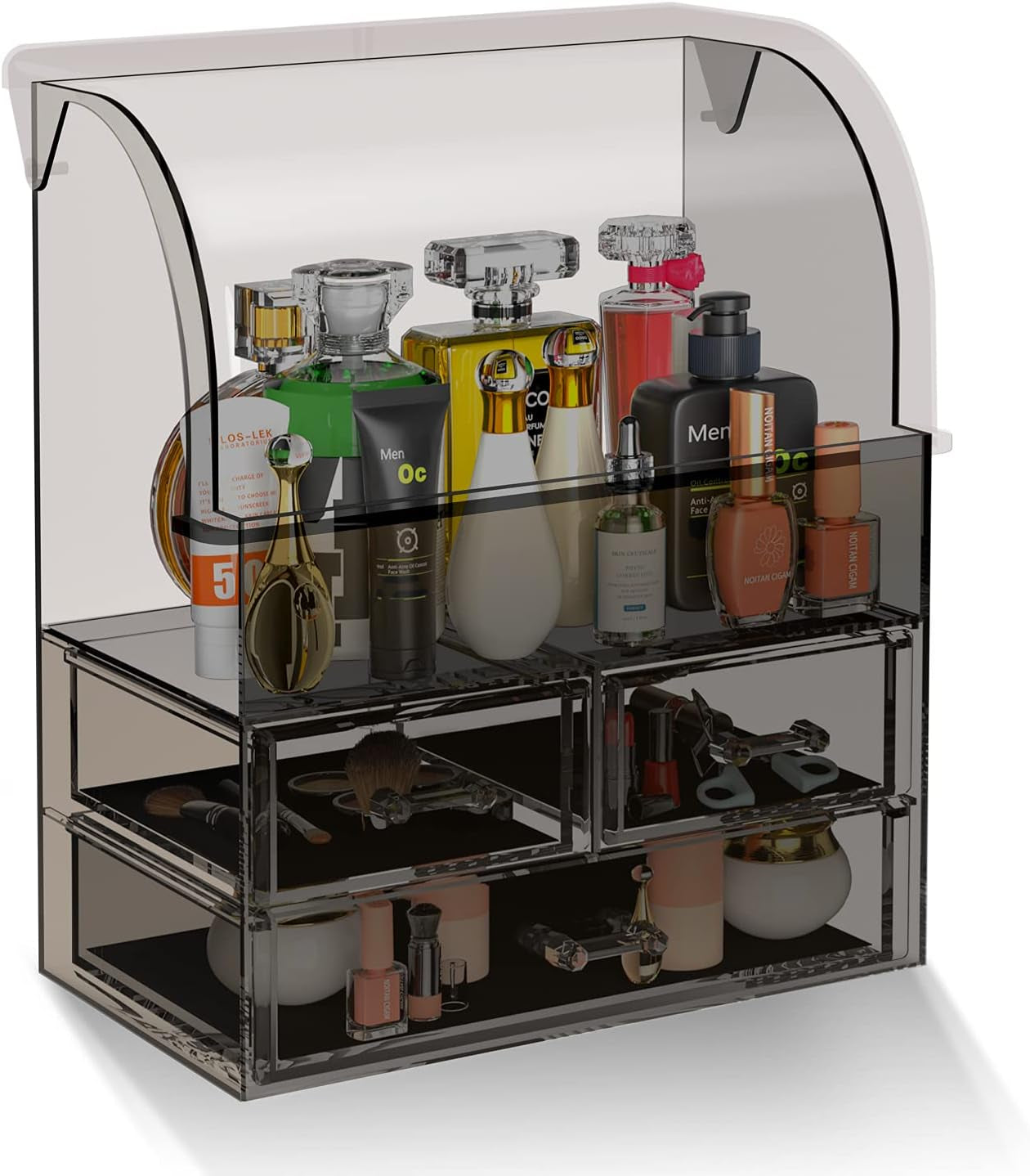 Cosmetic Makeup Organizer, Acrylic Cosmetic Display Cases with Lid for Dustproof Waterproof, Cosmetic Storage Box with 3 Drawers for Makeup Tools, Lipsticks, Perfume, Jewelry (Black Clear)