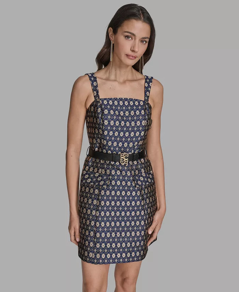Women'S Belted Metallic Jacquard A-Line Dress