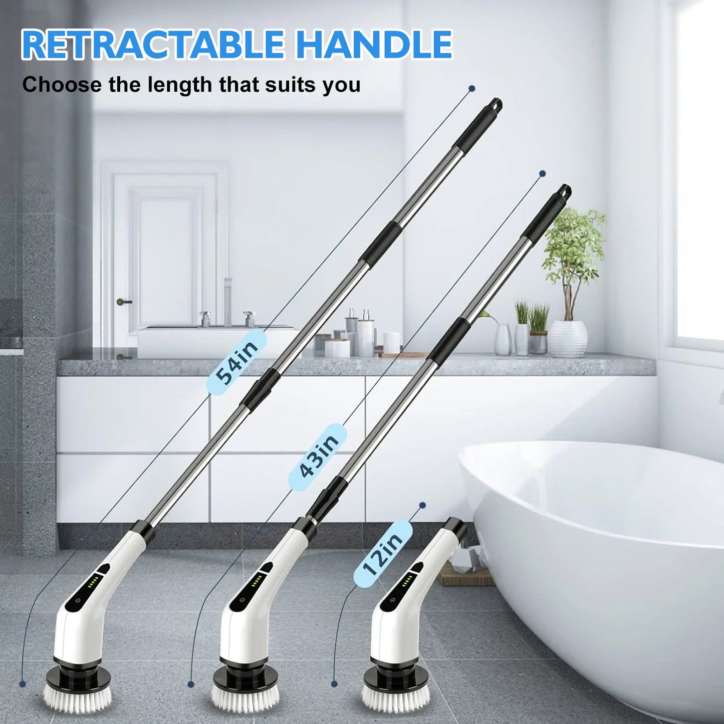 Electric Spin Scrubber, Cordless Bath Tub Power Scrubber with Long Handle & 7 Replaceable Heads, Detachable as Short Handle, Shower Cleaning Brush Household Tools for Bathroom & Tile Floor