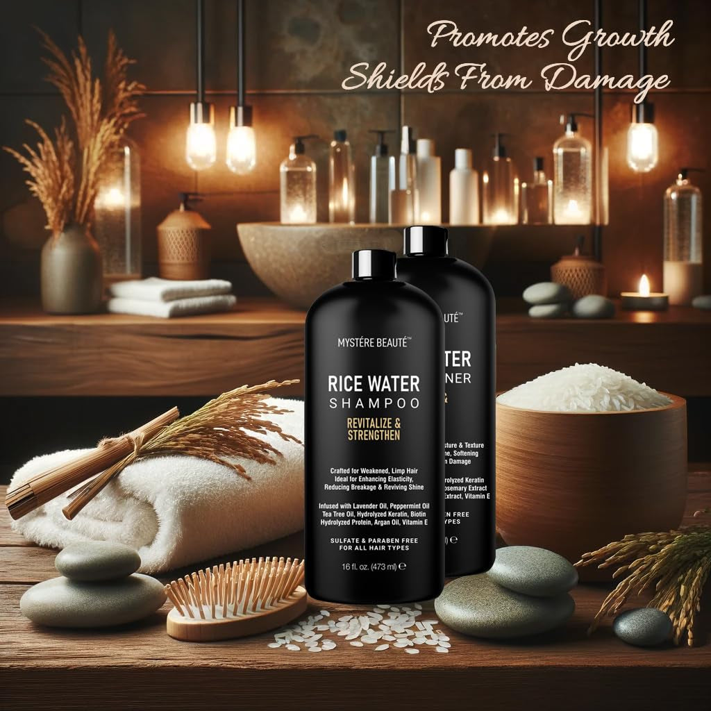Rice Water Shampoo and Conditioner Set - Ultra-Nourishing Hair Care Set, Promotes Growth, Revitalizes Shine, and Shields from Damage - Infused with Essential Oils - 16 Fl Oz Each