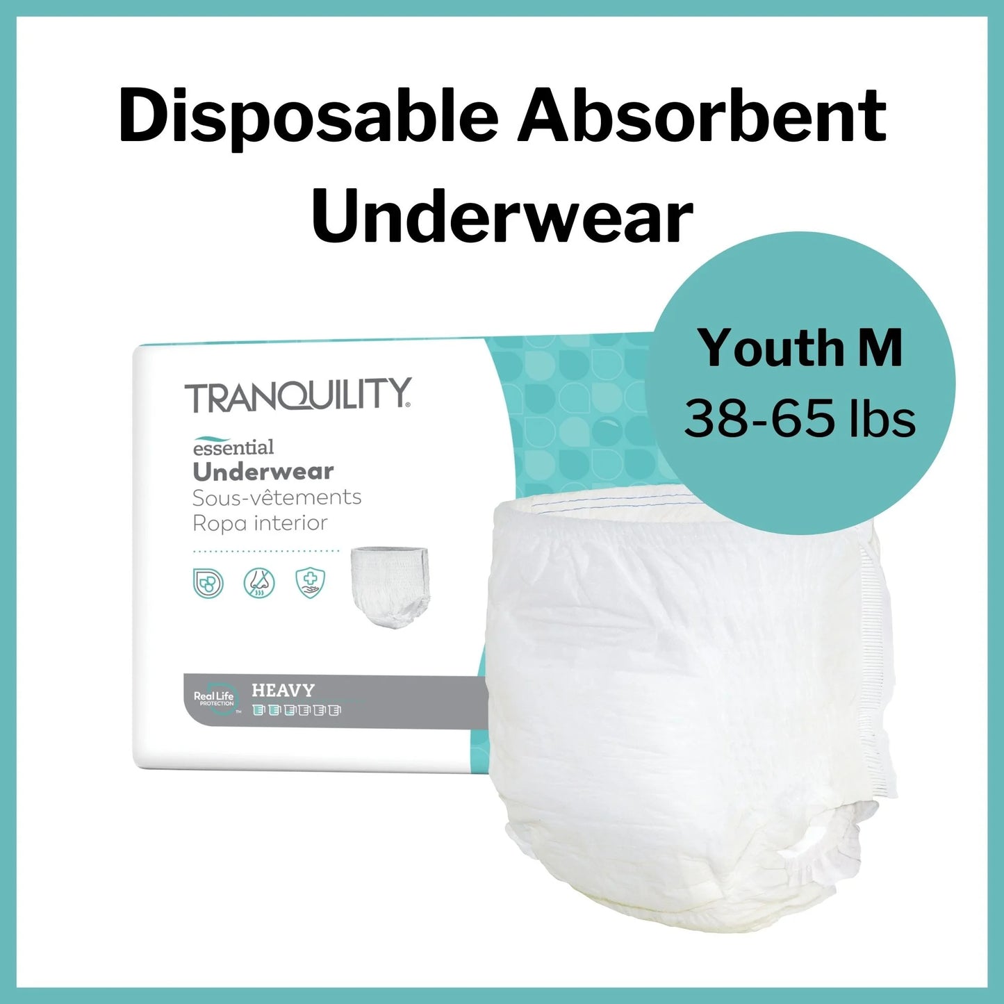 Essential Disposable Youth Absorbent Underwear Pull on with Tear Away Seams Medium, 2602, 12 Ct