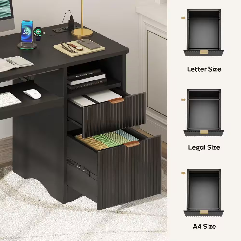 55 In. Black Office Desk with Power Outlets, 2-Storage Drawers and Keyboard Tray