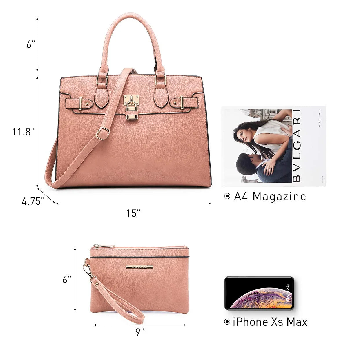 Women Handbags and Purses Ladies Shoulder Bag Top Handle Satchel Tote Work Bag with Matching Clutch
