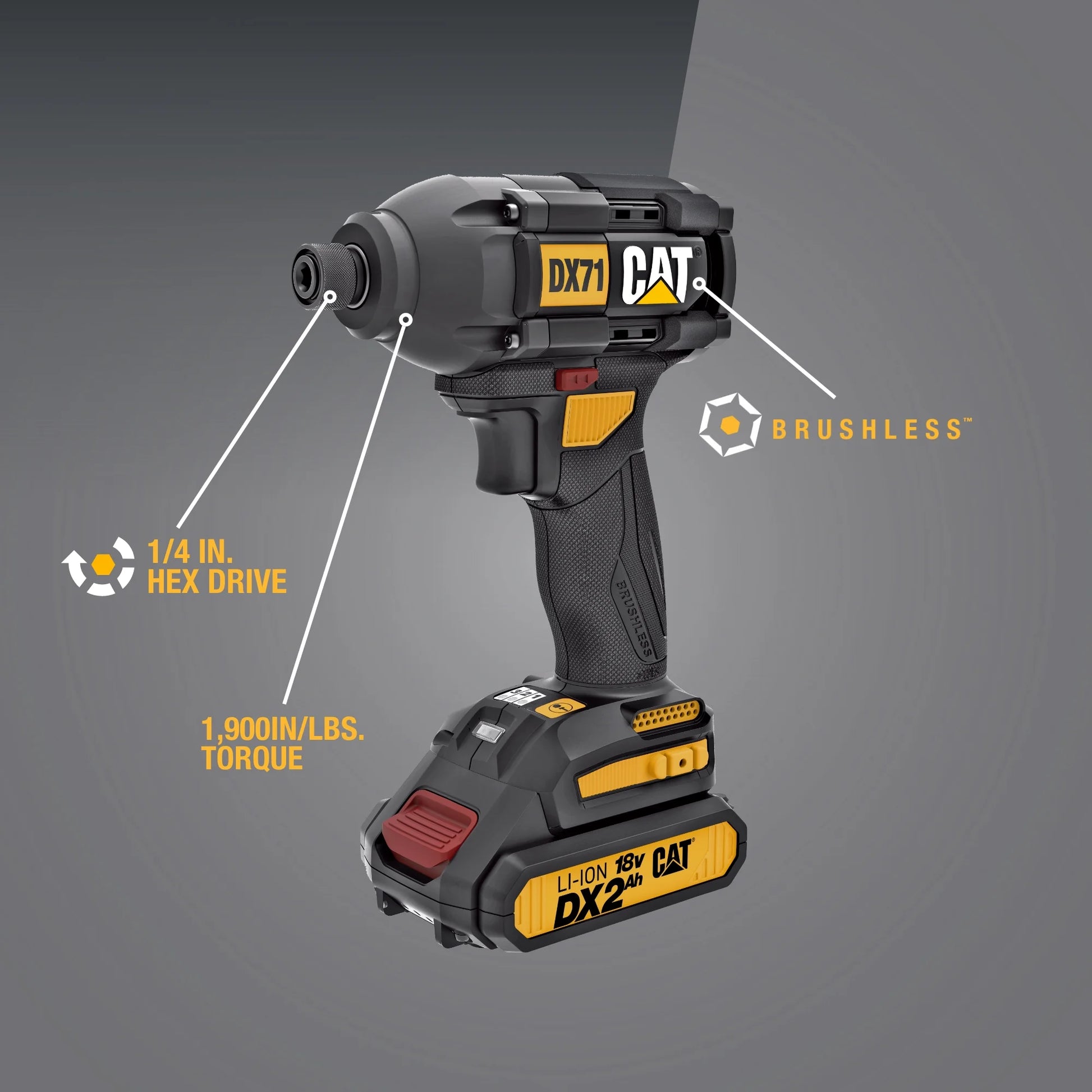 Caterpillar Cat® DX71 18V 1/4” Cordless High-Torque Impact Driver, Brushless with 3 Speed Settings – 2 Batteries & Charger Included