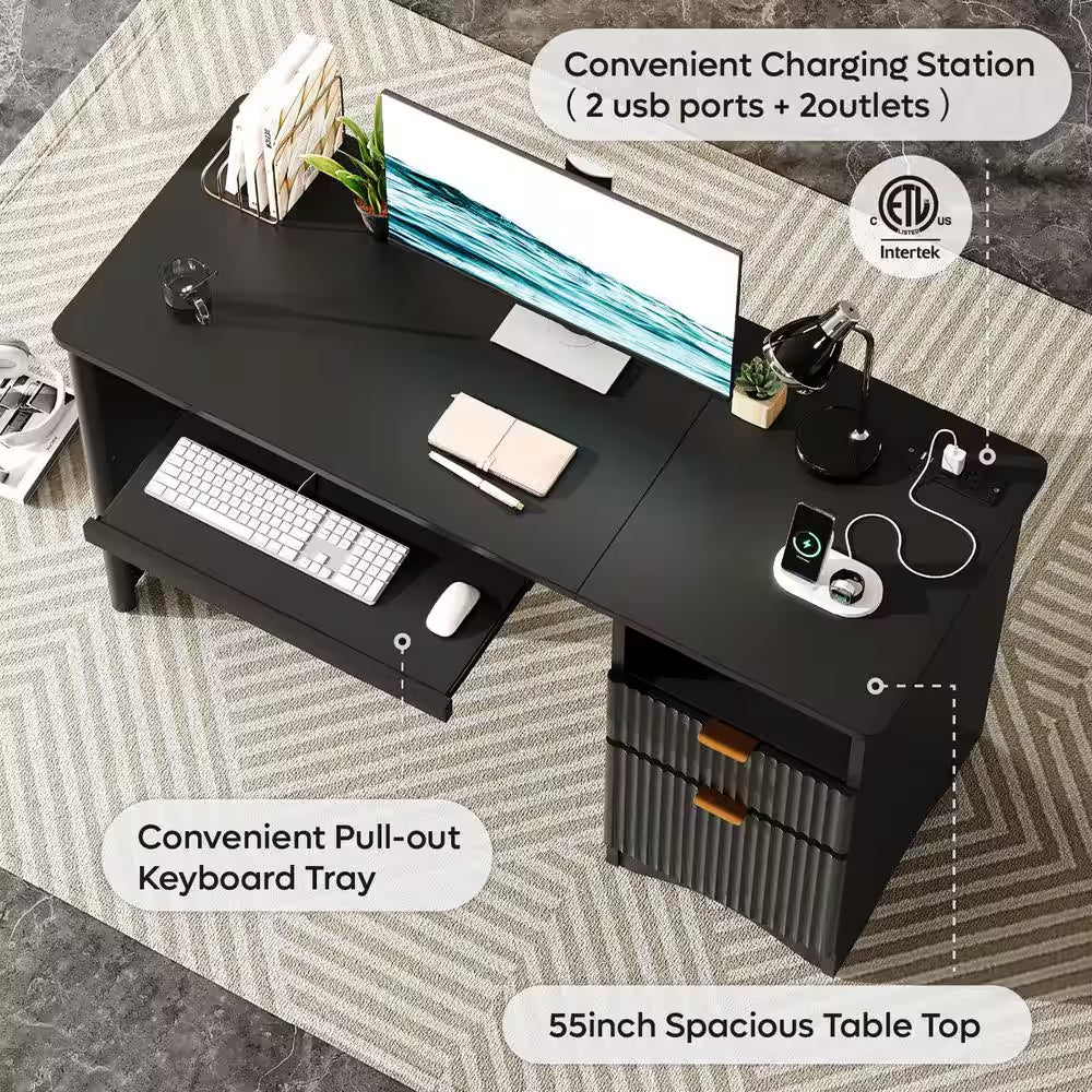 55 In. Black Office Desk with Power Outlets, 2-Storage Drawers and Keyboard Tray