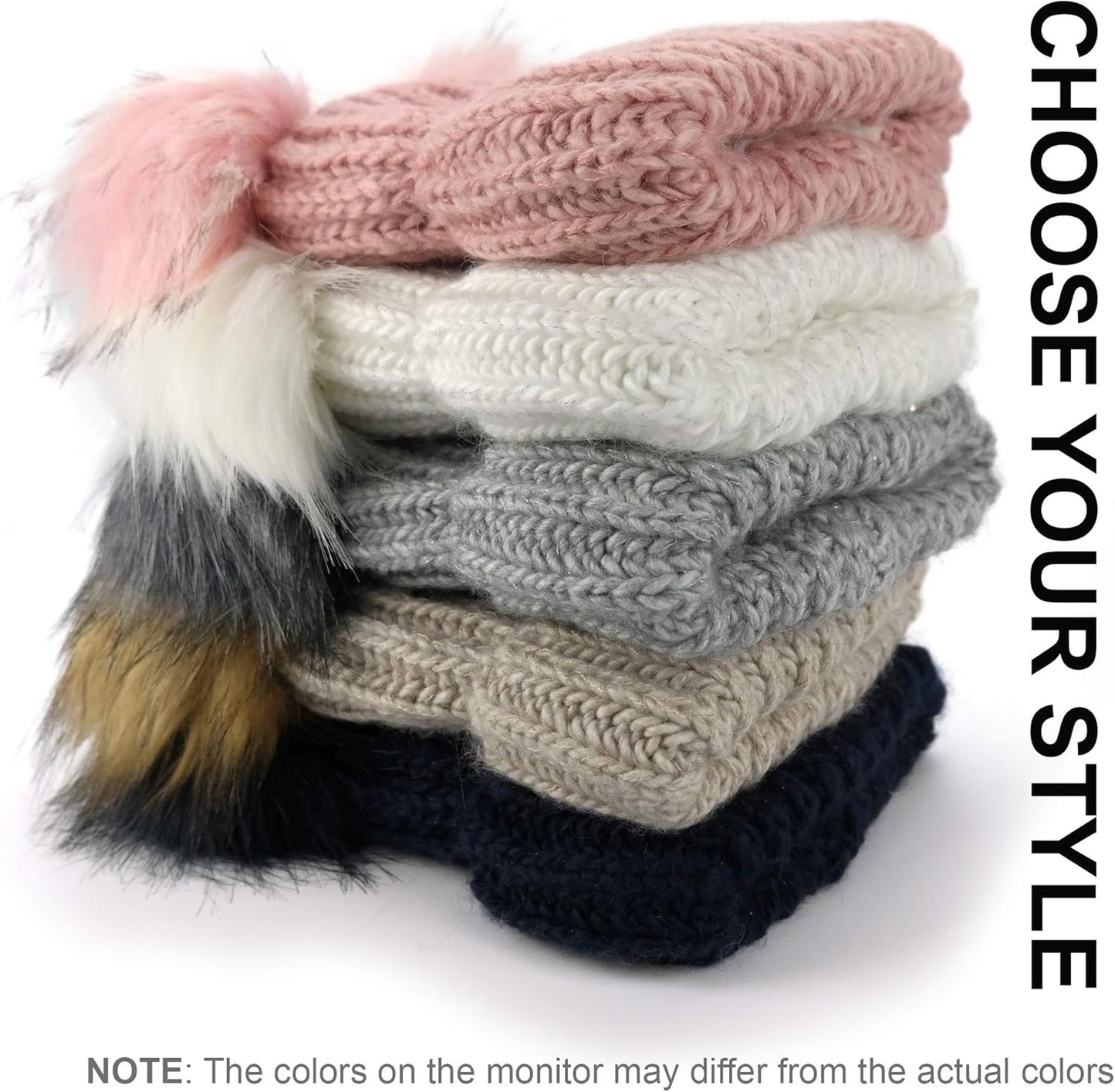 Beanie for Women - 2 Pom Cable Knit Winter Warm Fleece Hat - Wool Snow Cuff Ski Cap