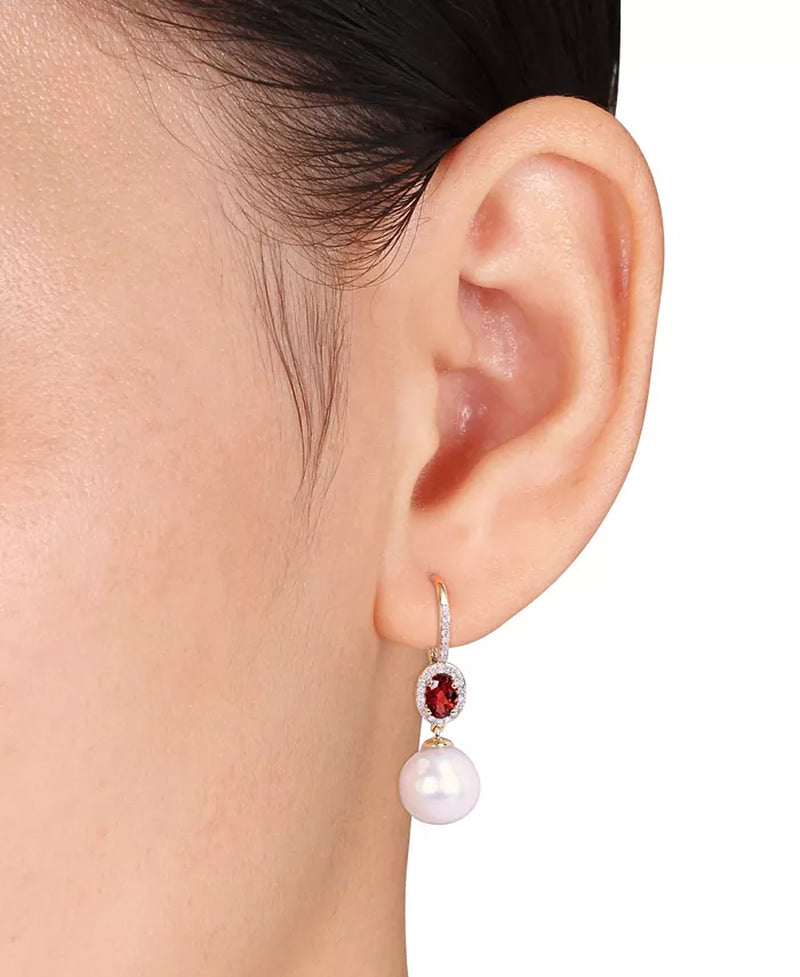 Freshwater Cultured Pearl (11-12Mm), Garnet (1 1/10 Ct. T.W.) and Diamond (1/4 Ct. T.W.) Oval Drop Earrings in 10K Yellow Gold