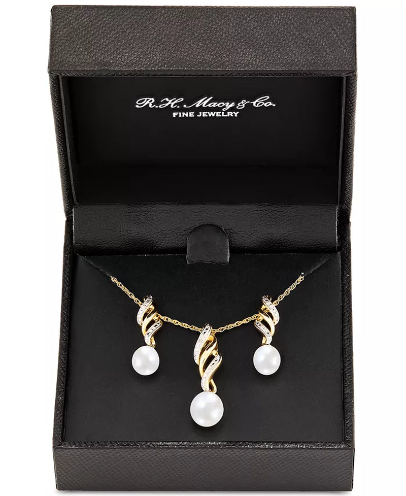 2-Pc. Set Cultured Freshwater Pearl (6 & 7Mm) & Diamond Accent Swirl Pendant Necklace & Matching Drop Earrings in 14K Gold-Plated Sterling Silver