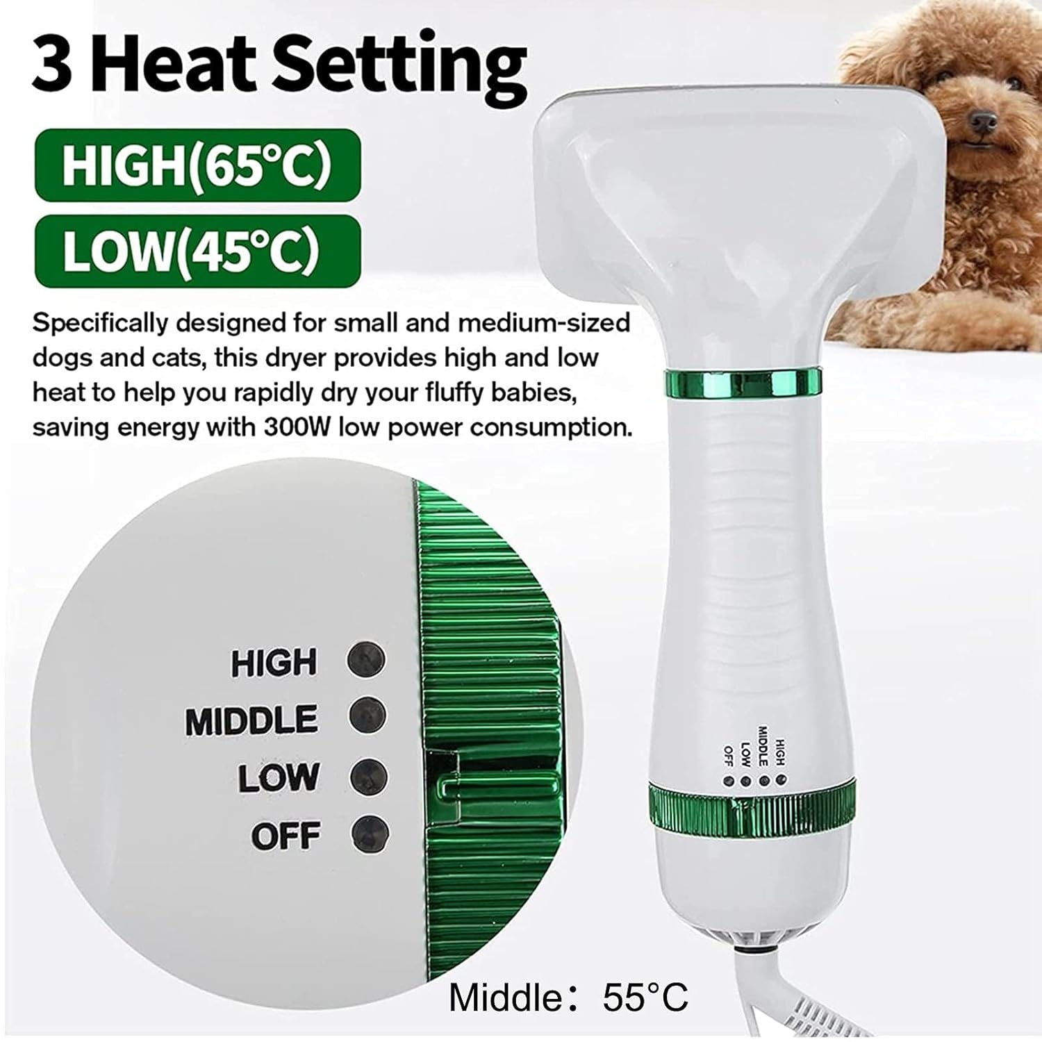 Pet Hair Dryer Portable 2 in 1 Upgraded Professional Quiet Dog Cat Hair Furry Blower, Home Pet Grooming Dog Hair Comb 3 Heat Settings Pet Brush for Small Medium Large Dog Kitten (Green)
