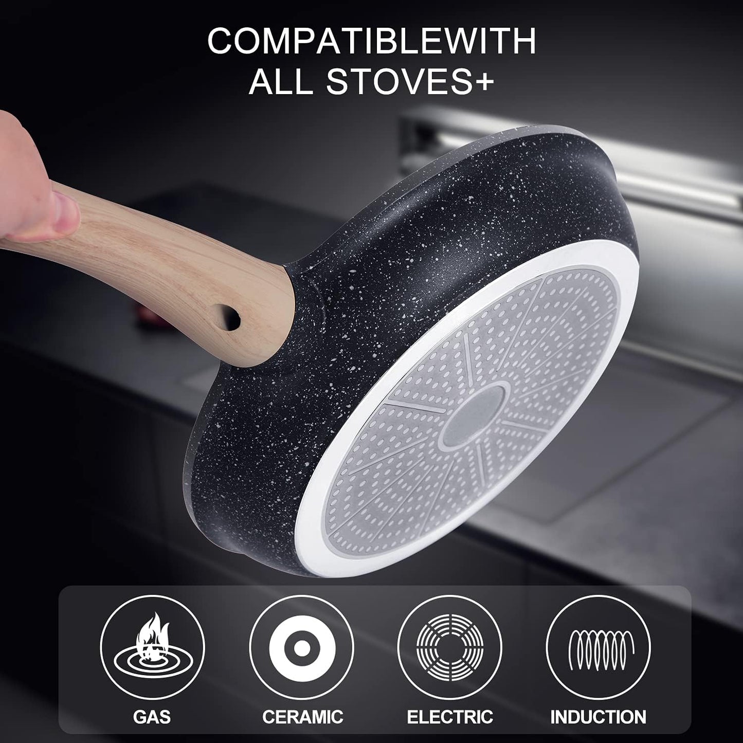 Nonstick Frying Pan Skillet Granite Coating Egg Omelet Pan 8 Inch Nonstick Pan with Woodgrain Handle, Non Stick Cooking Pans for All Stove Tops, PTFE PFOA Free, Induction Compatible