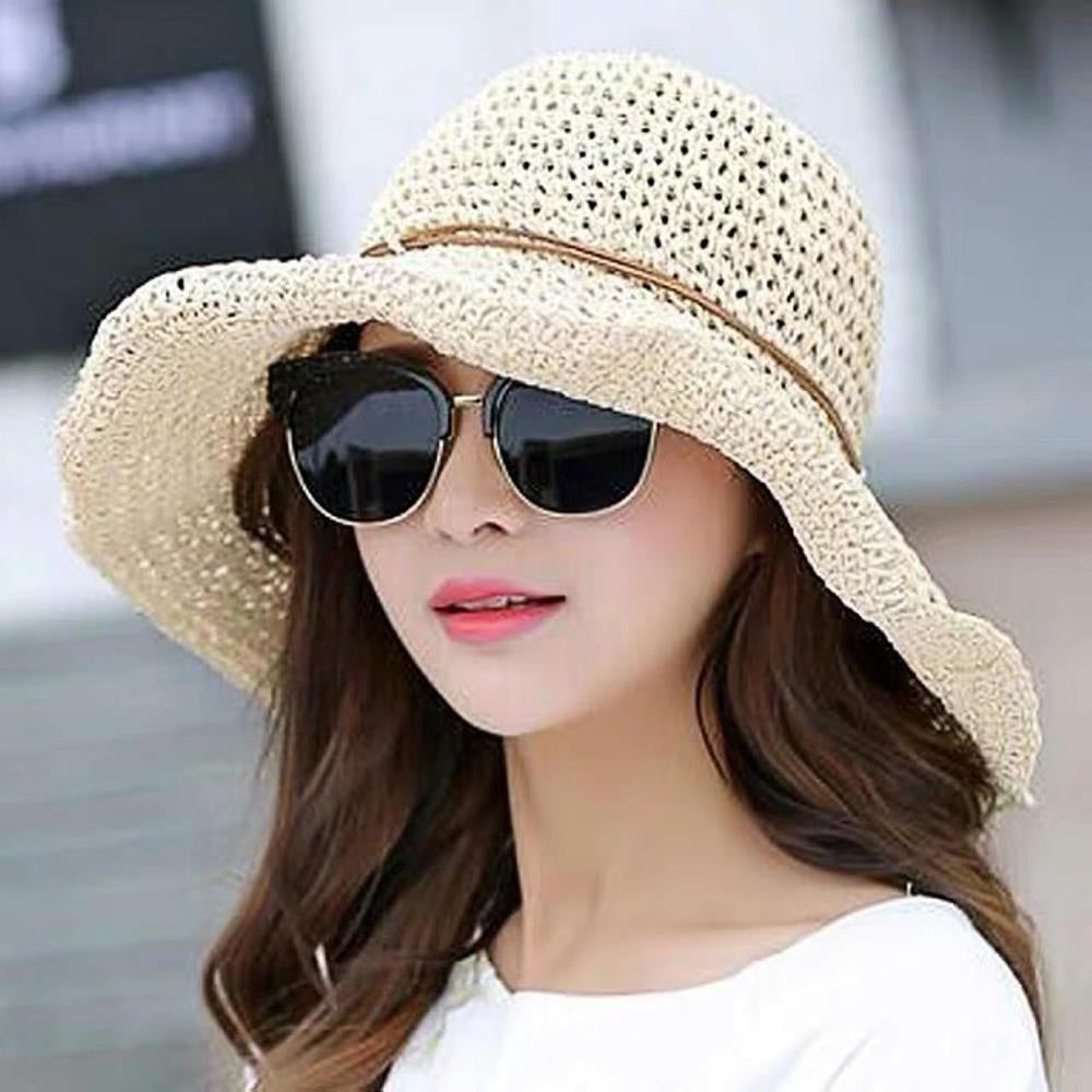 Womens Beach Sun Straw Hat Floppy Straw Sun Hat Travel Foldable Brim Summer Outdoor Sun Visor Hat for Women Girl Summer Outdoor Shade Tied Bow Foldable Hand-Woven,Beige