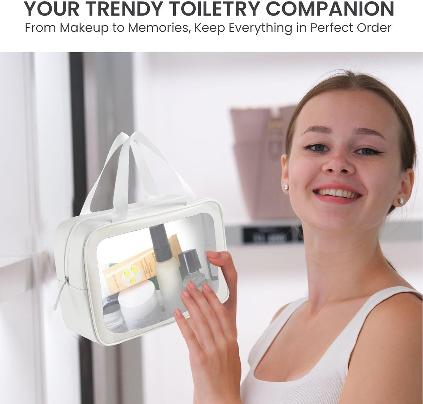 Travel Toiletry Bag for Women Men -Waterproof, Clear, Portable and Cute Makeup Cosmetic Bag Set (3-White)